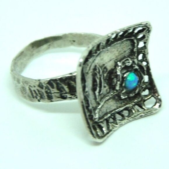 Artisan Sterling Silver Blue Opal Flower Ring – Hand Hammered, Size 7.5 - Picture 2 of 15
